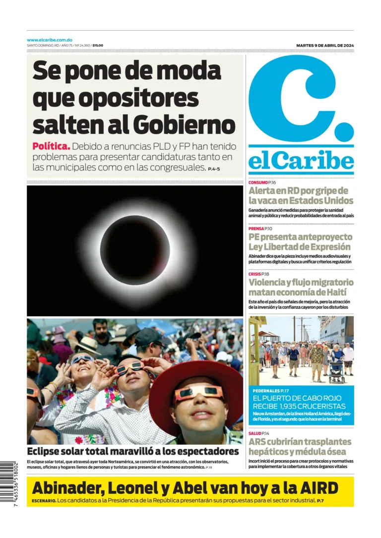 Portada Periódico El Caribe, Martes 09 Abril, 2024