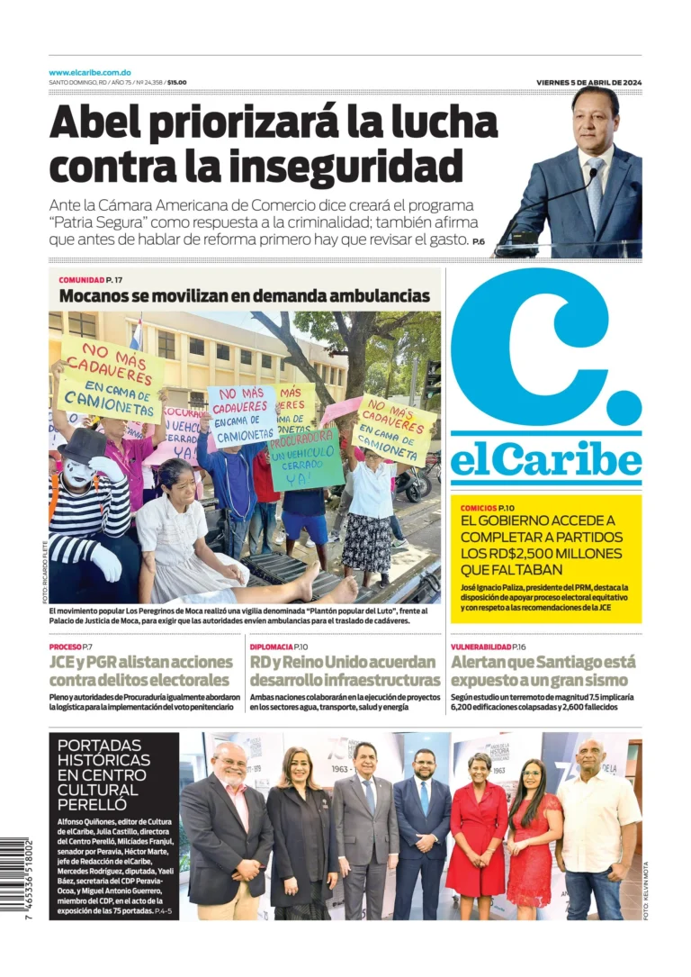 Portada Periódico El Caribe, Viernes 05 Abril, 2024