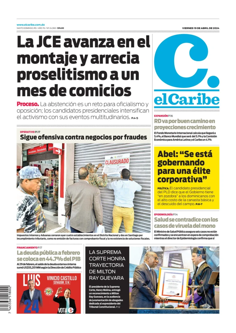Portada Periódico El Caribe, Viernes 19 Abril, 2024