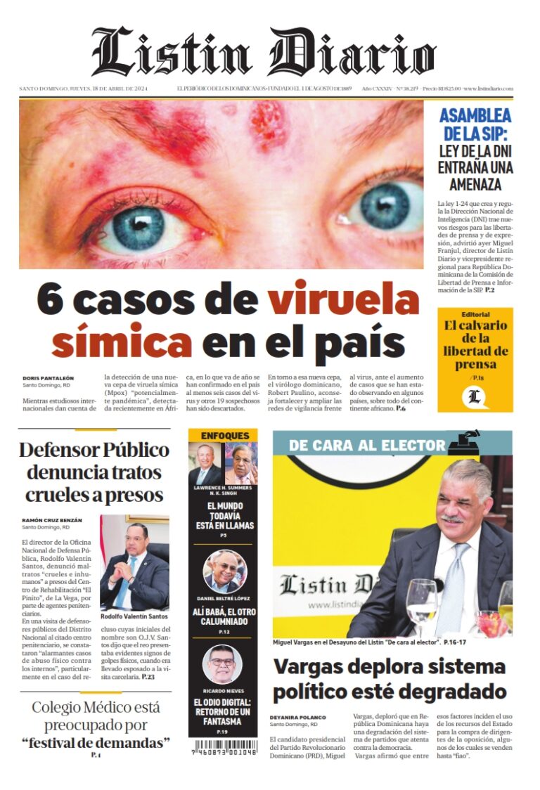 Portada Periódico Listín Diario, Jueves 18 Abril, 2024