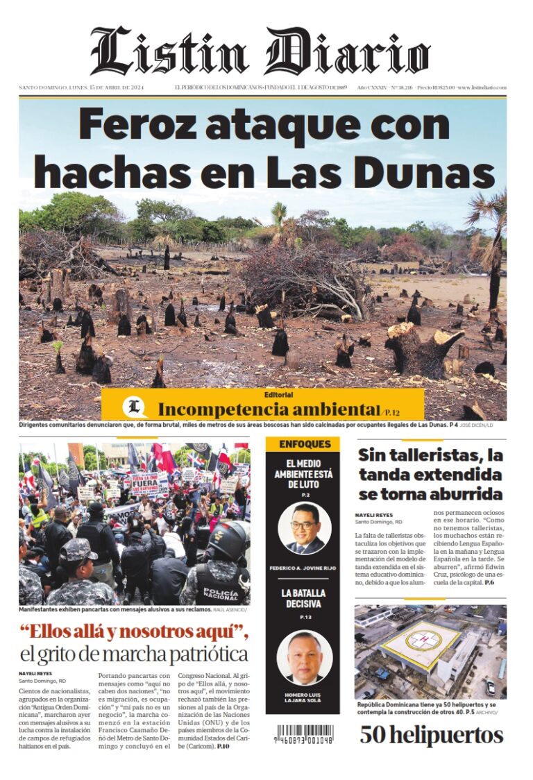 Portada Periódico Listín Diario, Lunes 15 Abril, 2024