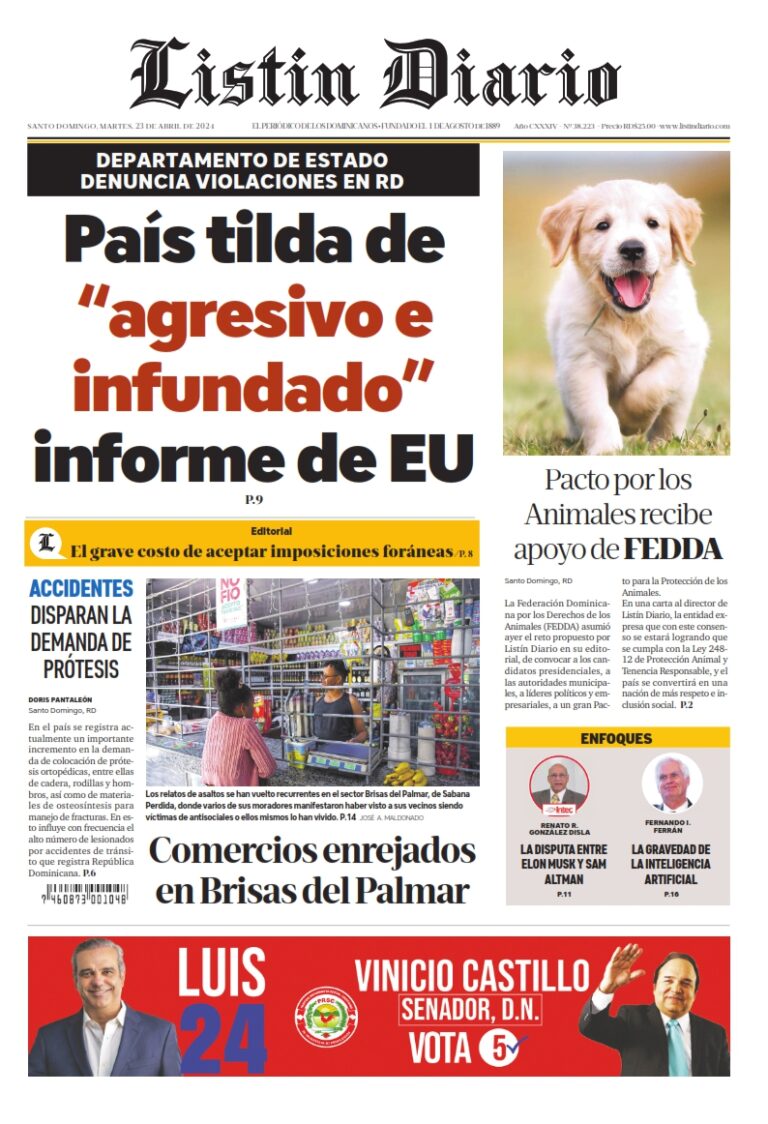 Portada Periódico Listín Diario, Martes 23 Abril, 2024