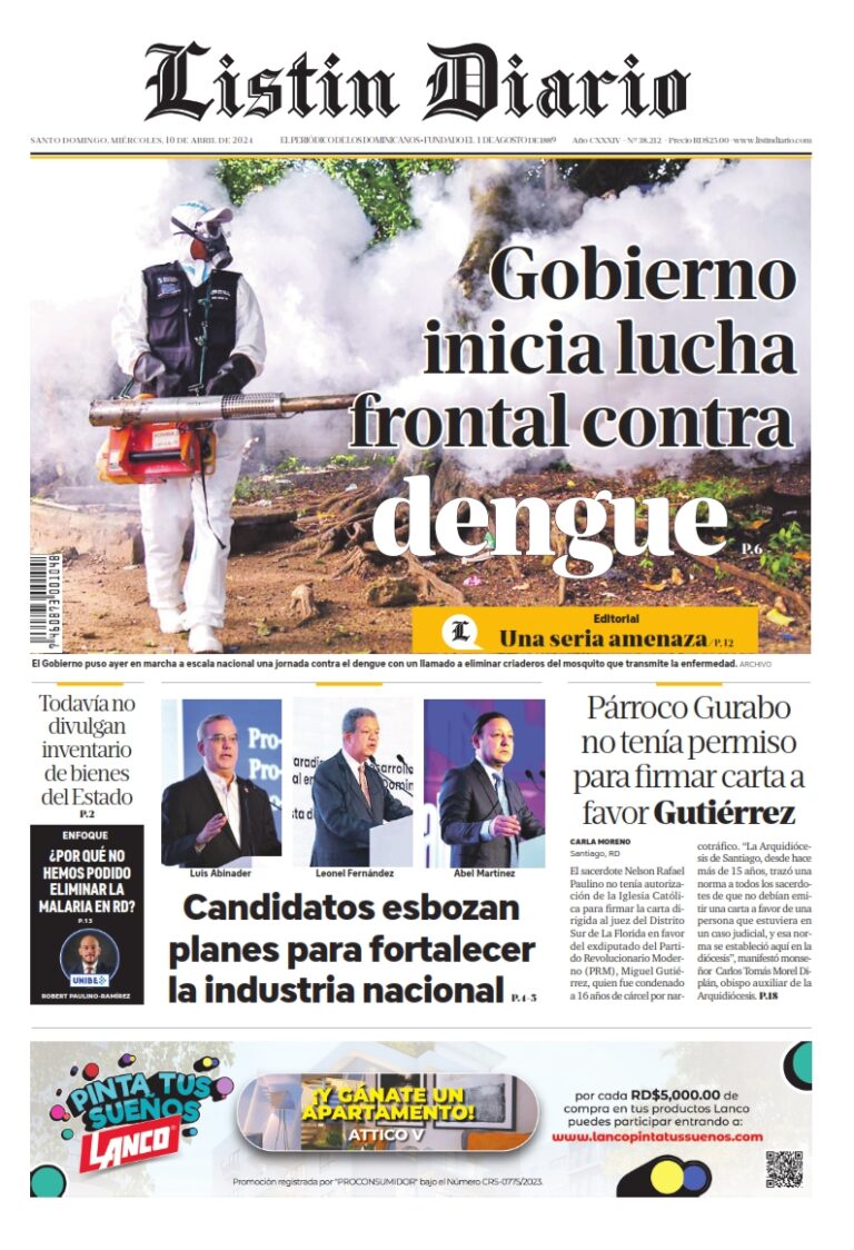 Portada Periódico Listín Diario, Miércoles 10 Abril, 2024