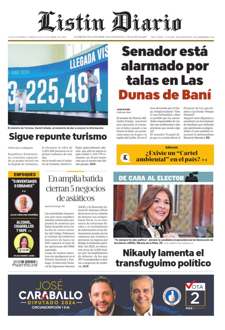 Portada Periódico Listín Diario, Miércoles 17 Abril, 2024