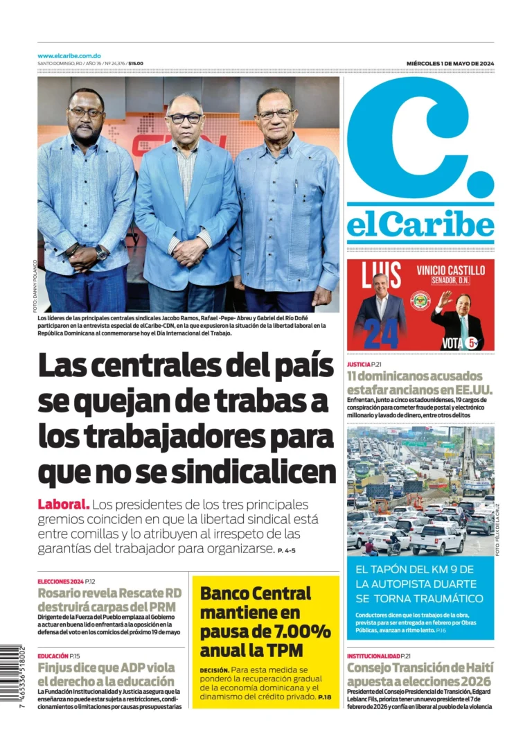 Portada Periódico El Caribe, Miércoles 01 Mayo, 2024