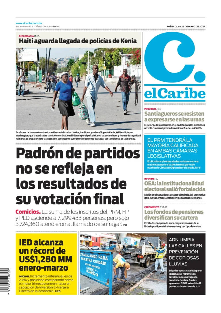 Portada Periódico El Caribe, Miércoles 22 Mayo, 2024