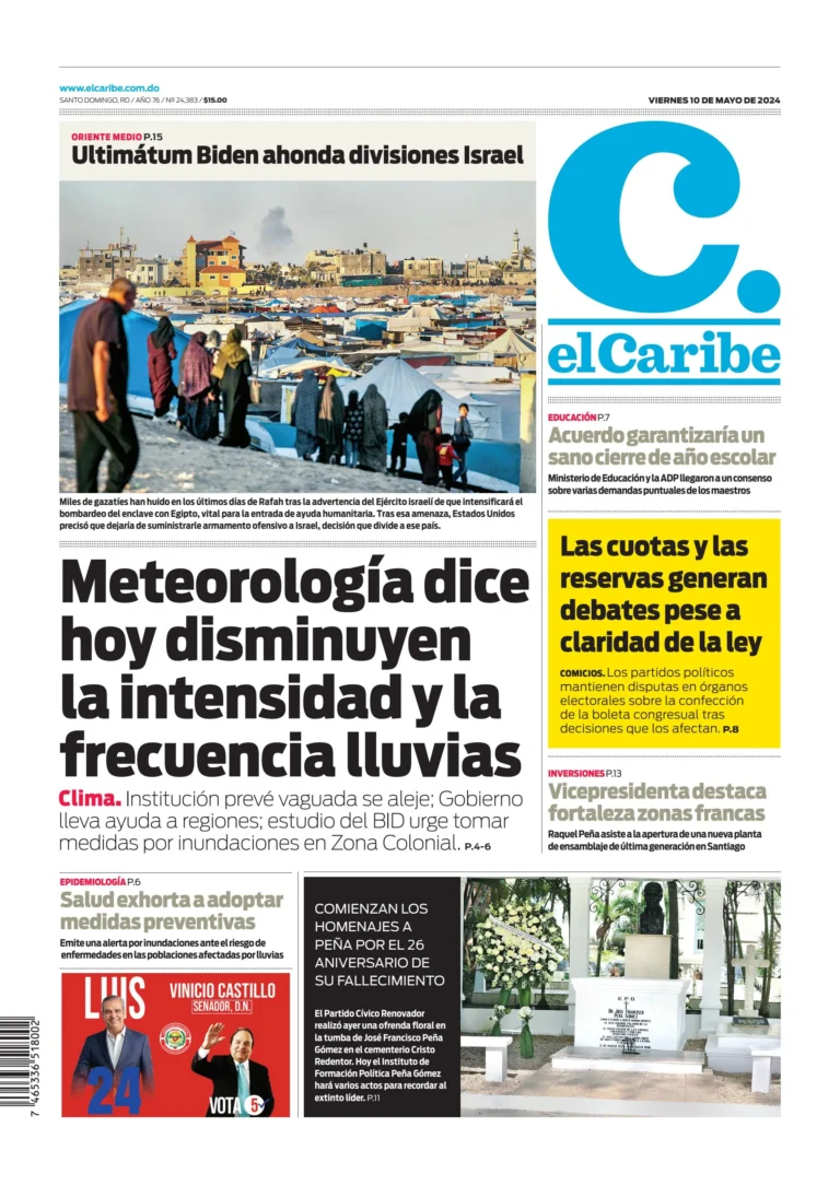 Portada Periódico El Caribe, Viernes 10 Mayo, 2024