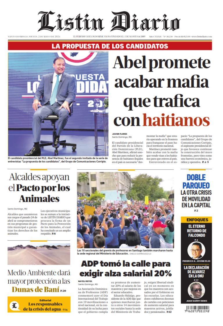 Portada Periódico Listín Diario, Jueves 02 Mayo, 2024