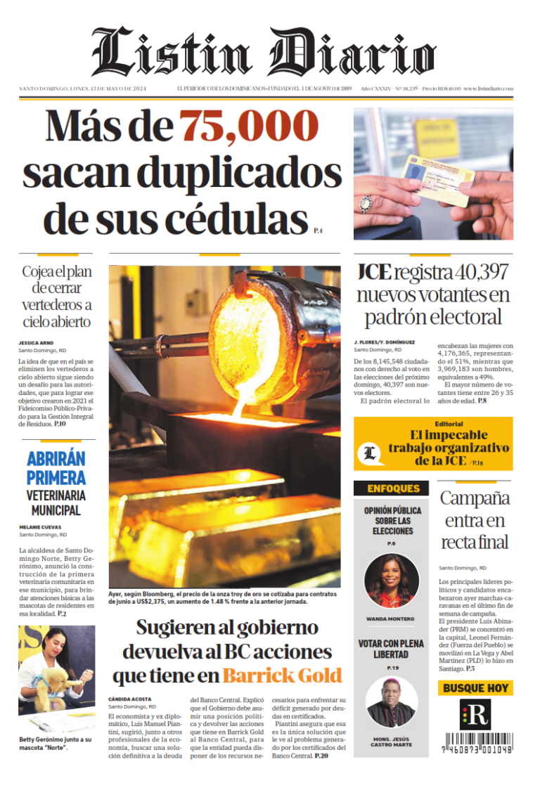 Portada Periódico Listín Diario, Lunes 13 Mayo, 2024