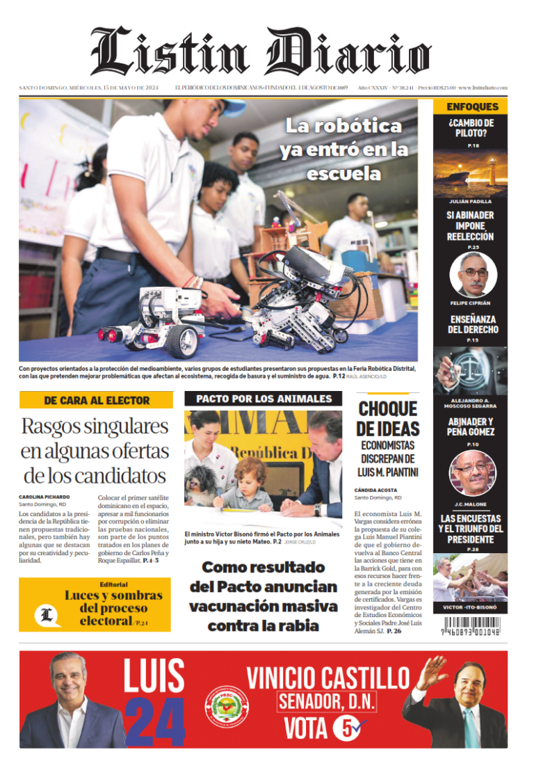 Portada Periódico Listín Diario, Miércoles 15 Mayo, 2024t