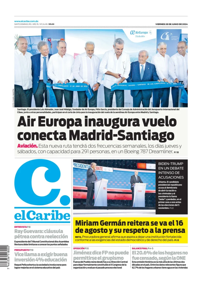 Portada Periódico El Caribe, Viernes 28 Junio, 2024