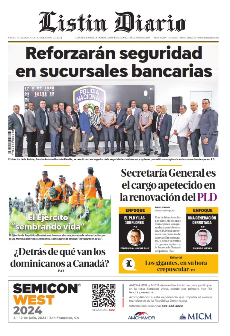 Portada Periódico Listín Diario, Jueves 06 Junio, 2024