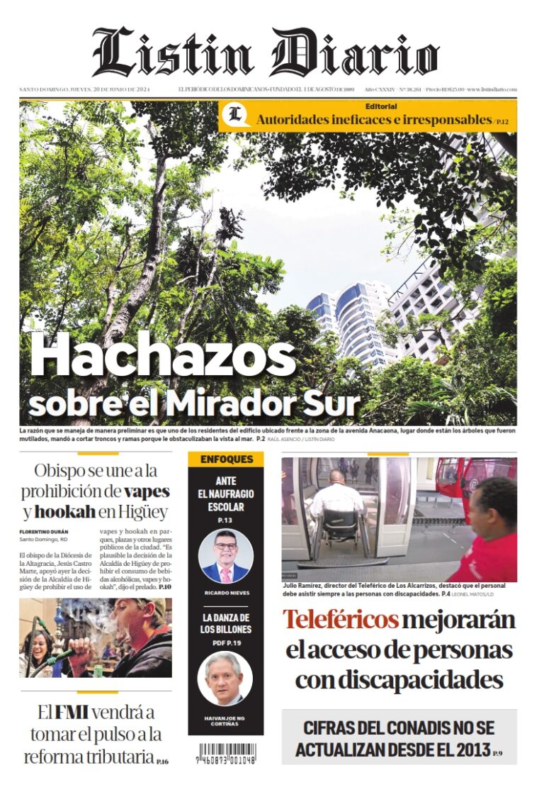 Portada Periódico Listín Diario, Jueves 20 Junio, 2024