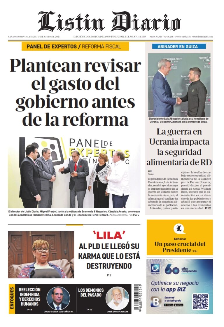 Portada Periódico Listín Diario, Lunes 17 Junio, 2024