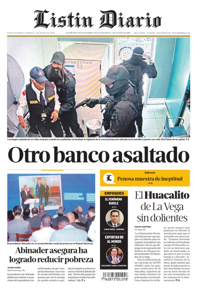 Portada Periódico Listín Diario, Martes 04 Junio, 2024