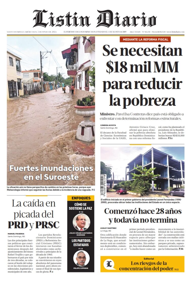 Portada Periódico Listín Diario, Miércoles 05 Junio, 2024