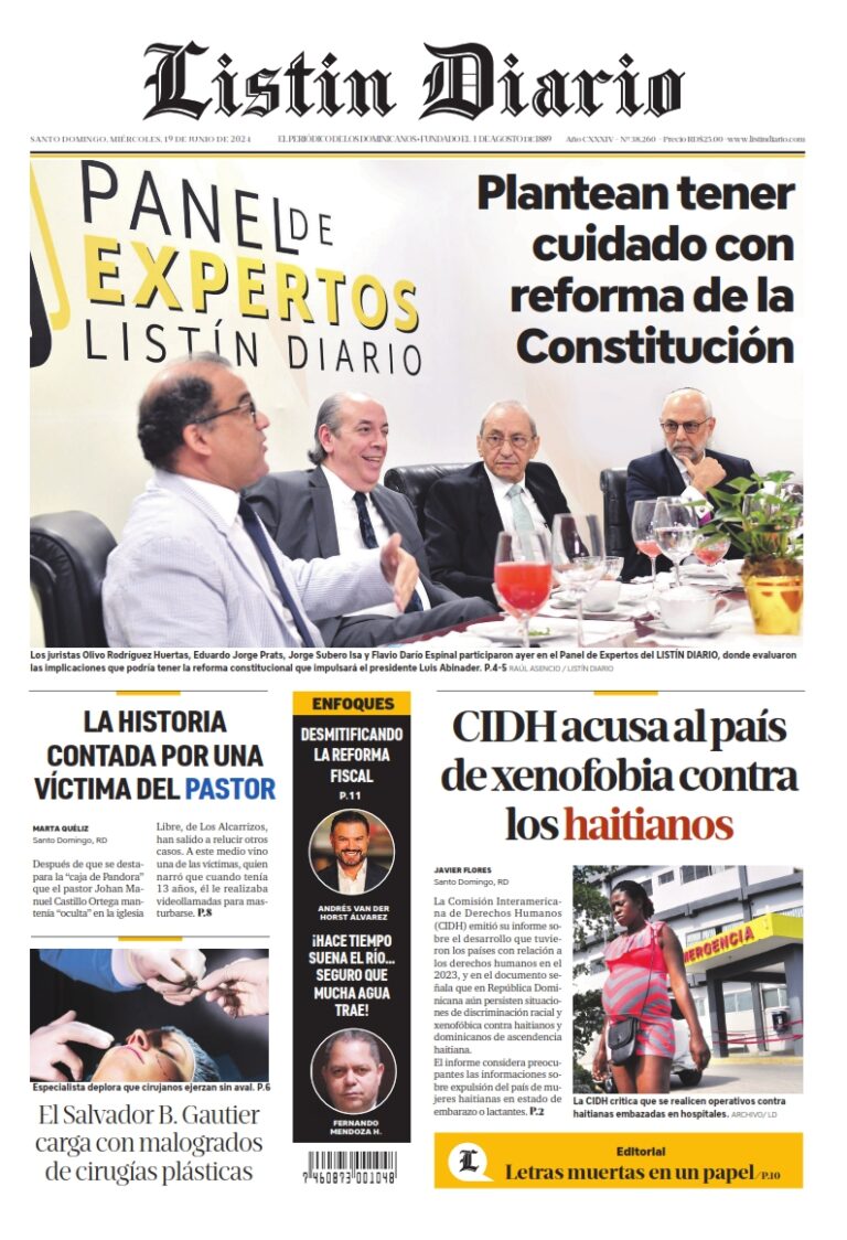 Portada Periódico Listín Diario, Miércoles 19 Junio, 2024