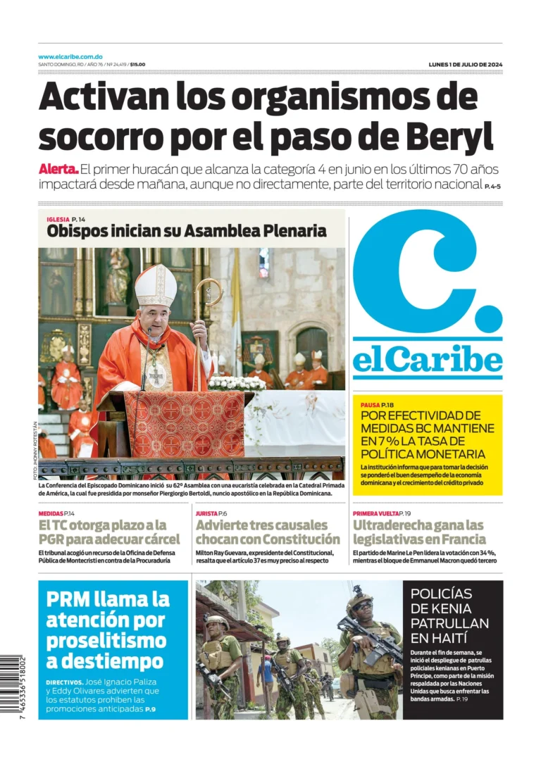 Portada Periódico El Caribe, Lunes 01 Julio, 2024