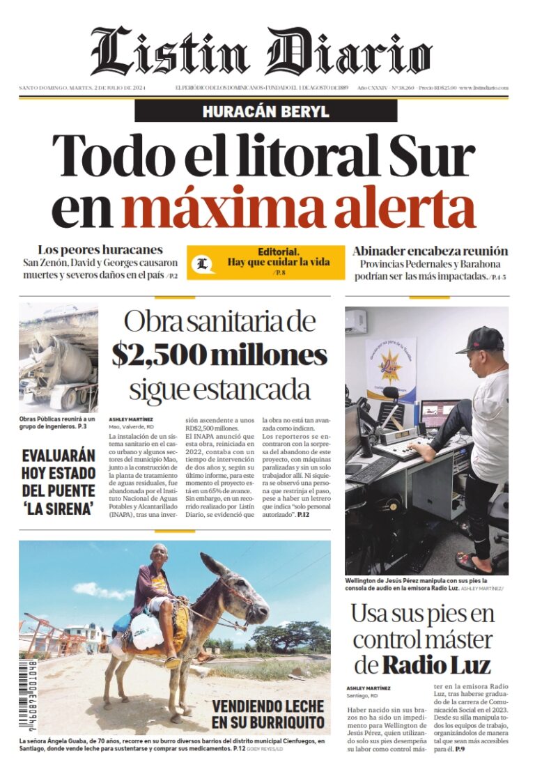 Portada Periódico Listín Diario, Martes 02 Julio, 2024