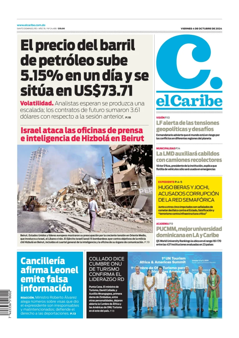 Portada Periódico El Caribe, Viernes 04 Octubre, 2024