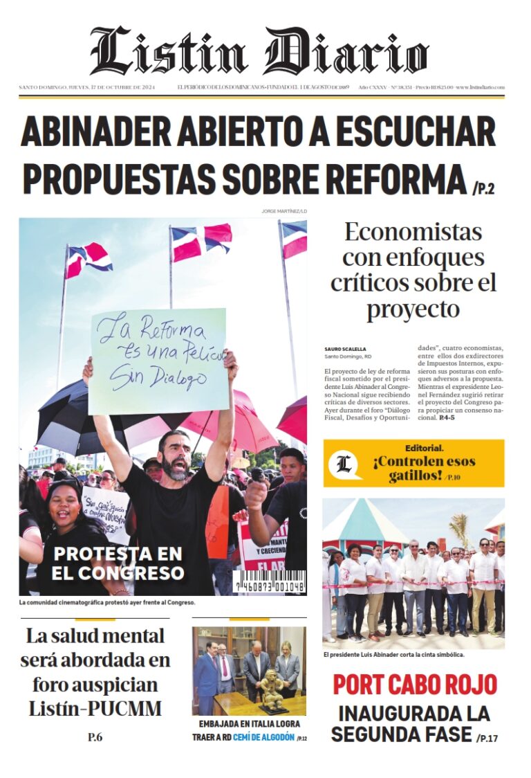 Portada Periódico Listín Diario, Jueves 17 Octubre, 2024