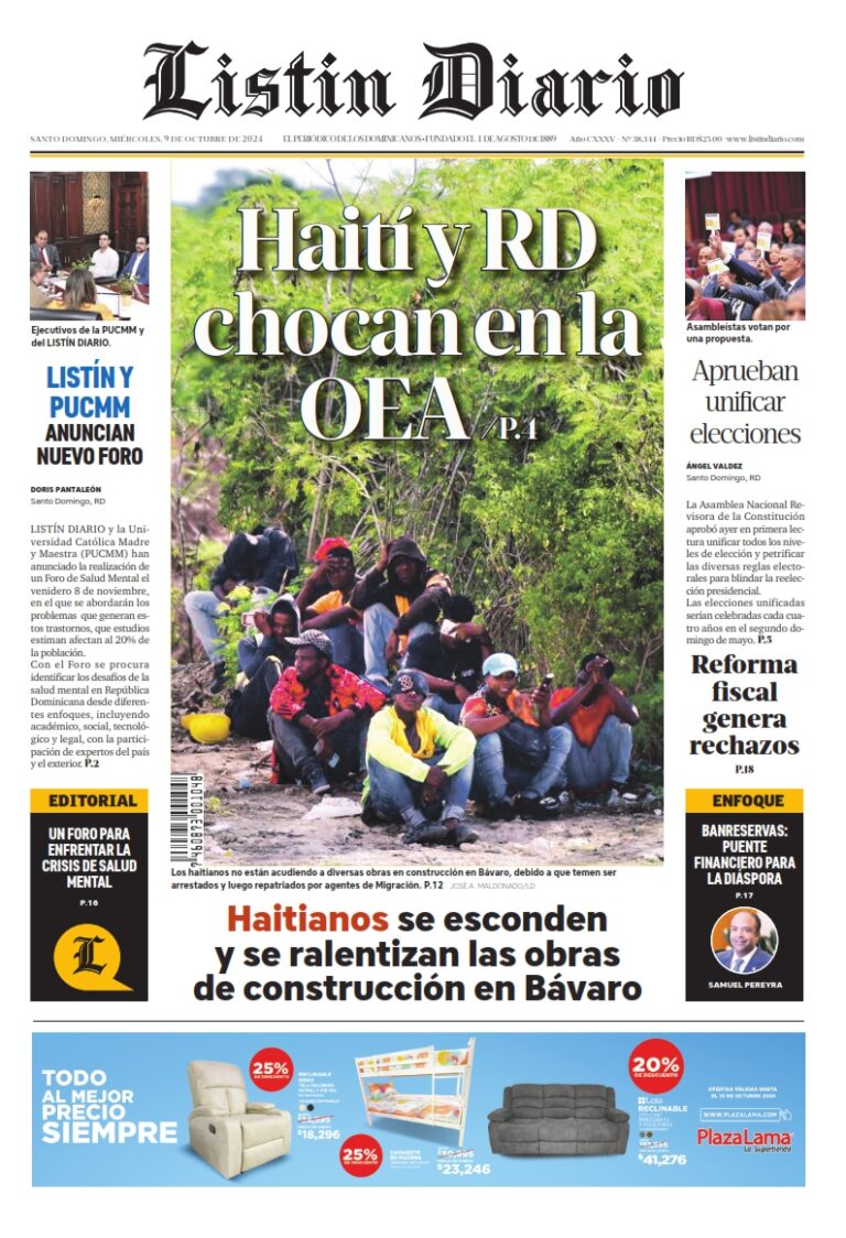 Portada Periódico Listín Diario, Jueves 10 Octubre, 2024