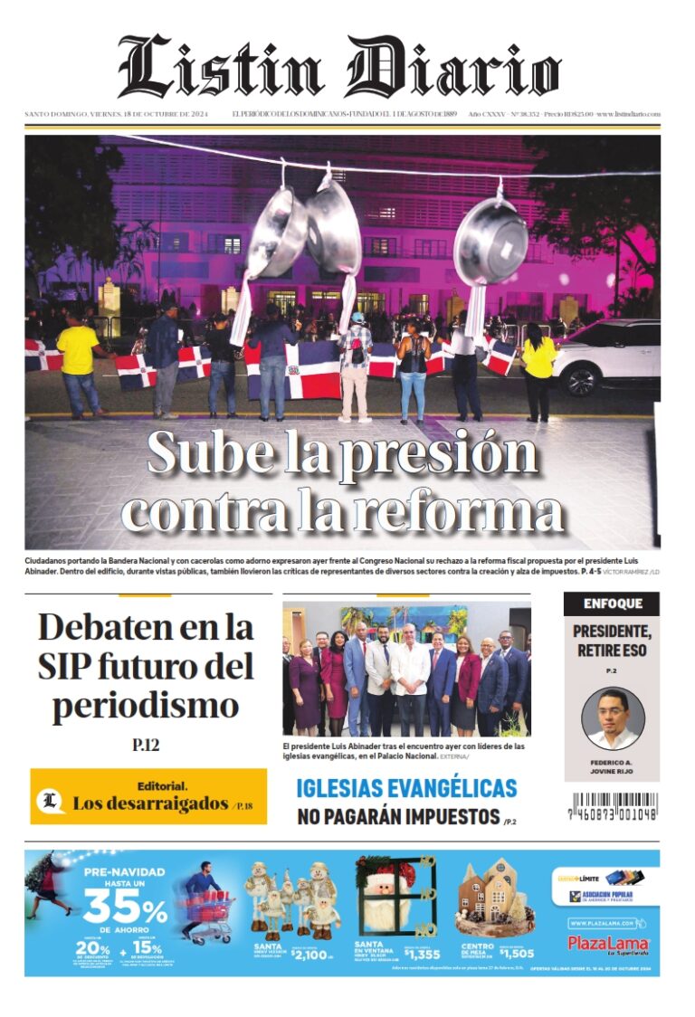 Portada Periódico Listín Diario, Viernes 18 Octubre, 2024
